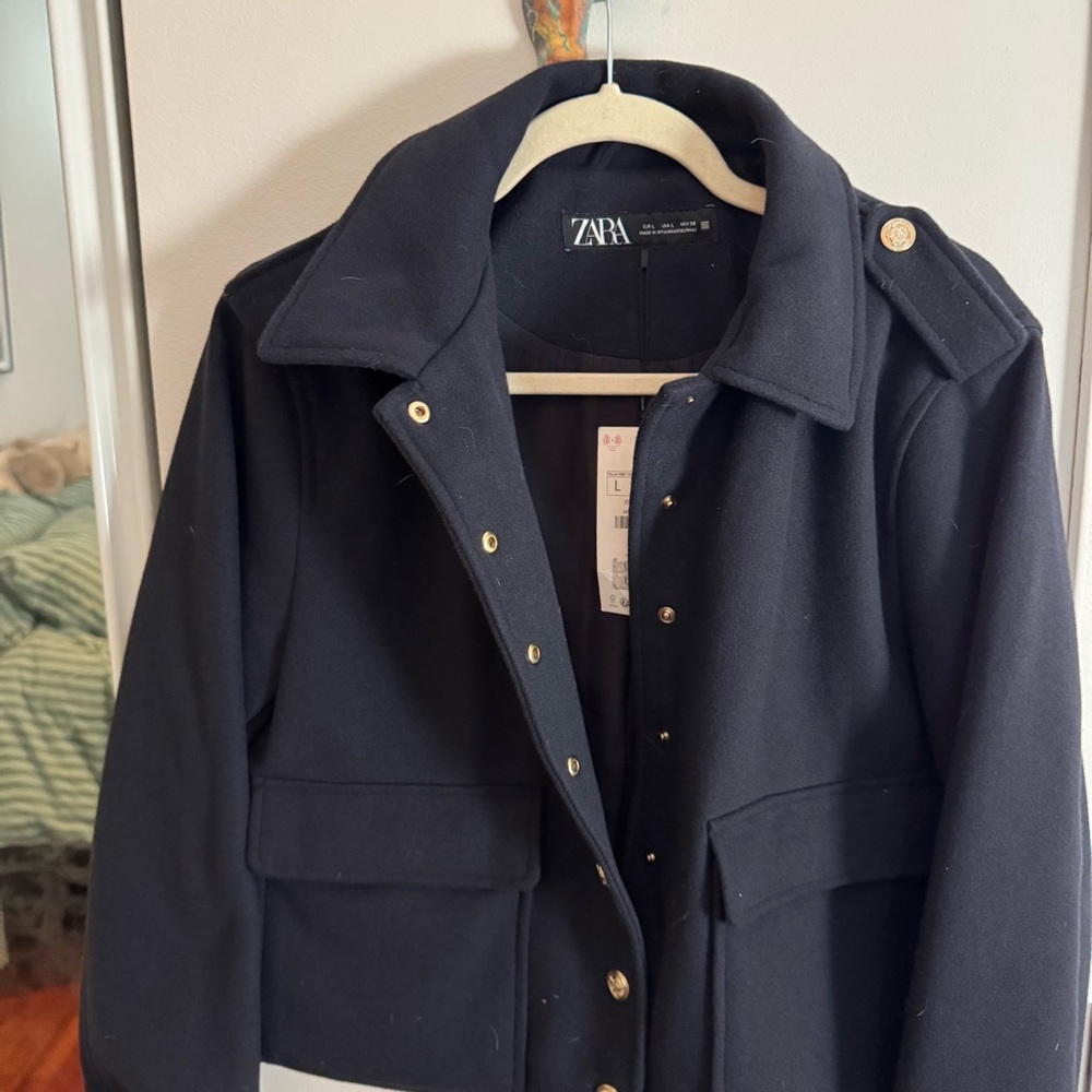 ZARA soft cropped navy gold button military style jacket blazer NWOT - Picture 8 of 9
